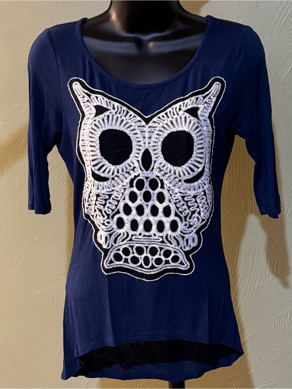 Vintage Deb Navy Blue Owl Graphic Top Blouse Crochet Lace Details Size S